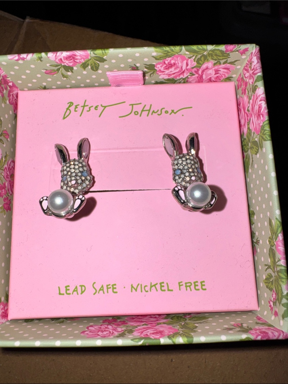 Betsey Johnson Silver Bunny Pearl Ear Studs with Crystal Pavé - removable pearl